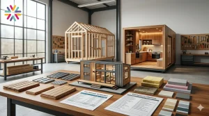 Architectural studio flat-lay comparing a DIY tiny home kit with a finished custom tiny home model, including materials, insulation samples, cost sheet, and maintenance checklist.