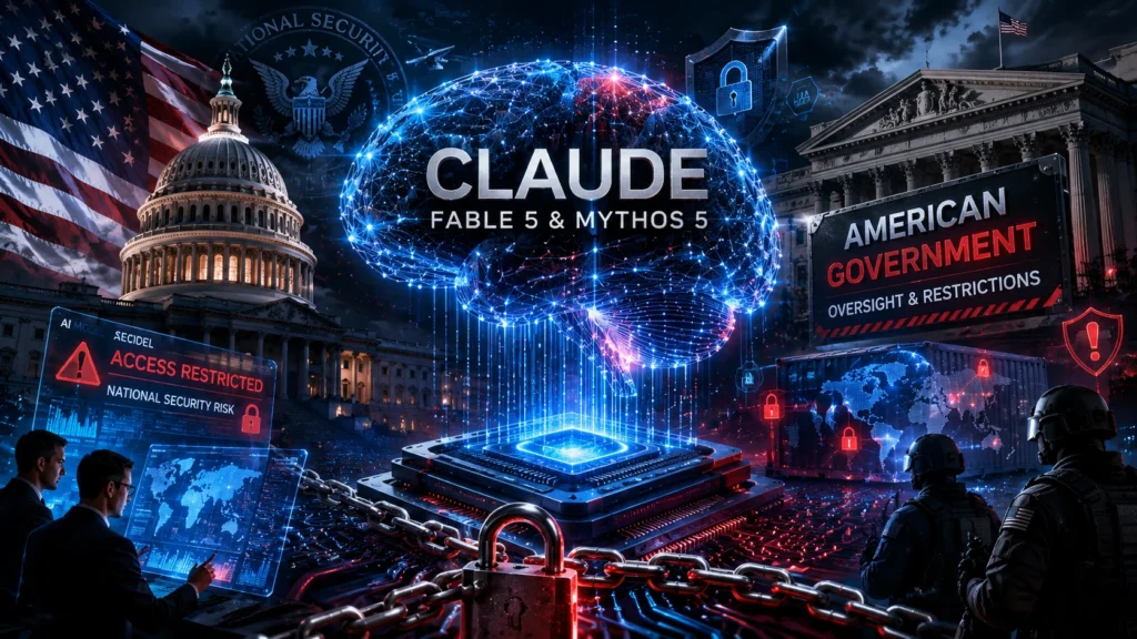 Illustration of Anthropic Claude Fable 5 and Mythos 5 under U.S. government restrictions, featuring advanced AI circuitry, cybersecurity locks, national security symbols, and government oversight concepts.