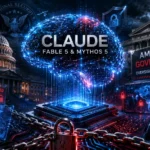 Illustration of Anthropic Claude Fable 5 and Mythos 5 under U.S. government restrictions, featuring advanced AI circuitry, cybersecurity locks, national security symbols, and government oversight concepts.