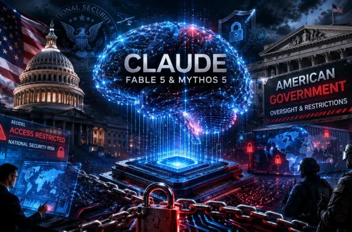 Illustration of Anthropic Claude Fable 5 and Mythos 5 under U.S. government restrictions, featuring advanced AI circuitry, cybersecurity locks, national security symbols, and government oversight concepts.